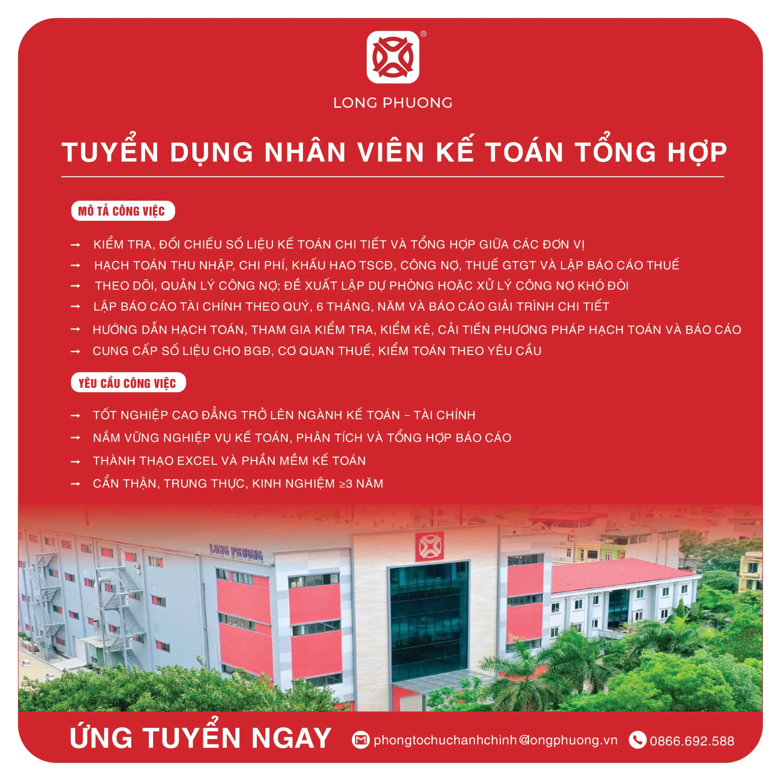 Long Phương tuyển dụng nhân viên kế toán tổng hợp lương cao tại KCN Hạp Lĩnh, phường Hạp Lĩnh, thành phố Bắc Ninh